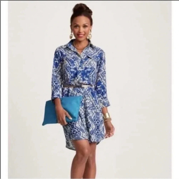 Cabi Style 422 Blue Jewel Print Button Down Shirt Dress Roll Tab Sleeve Size S - Picture 3 of 12
